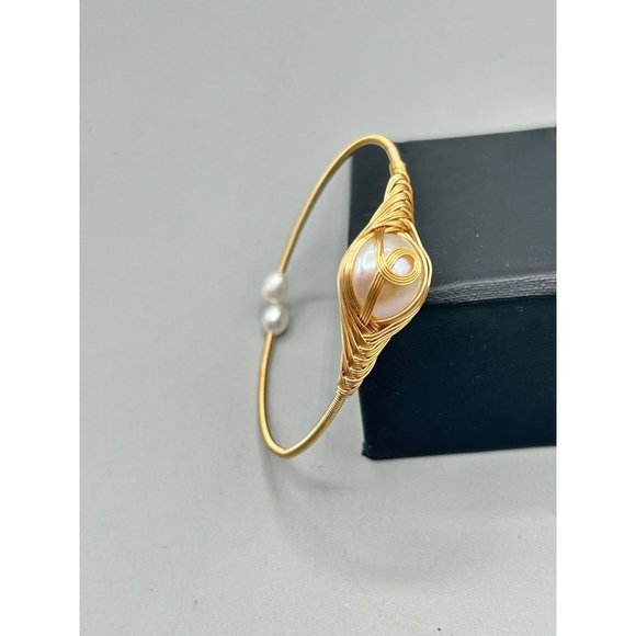 Wire Wrapped Pearls Bracelet Gold Tone Wire and Genuine Pearls Bangle Cuff - Picture 5 of 7